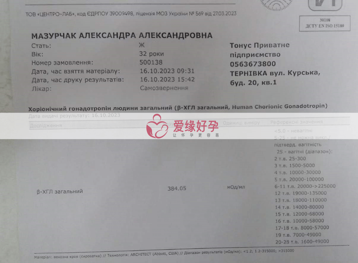 乌克兰哈萨克斯坦试管助孕爱心妈妈验孕成功HCG384