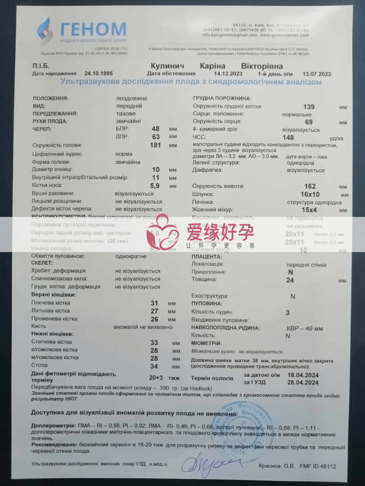 乌克兰试管婴儿助孕爱心妈妈20周产检顺利通过！