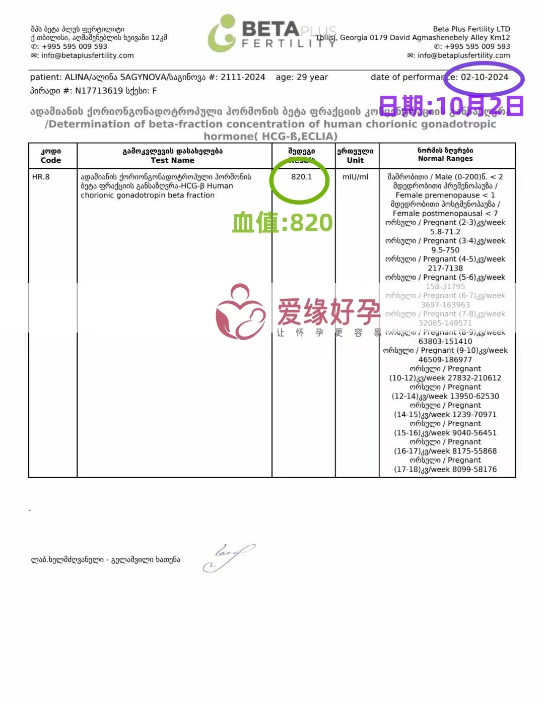 格鲁吉亚爱心使者验孕成功，HCG血值820