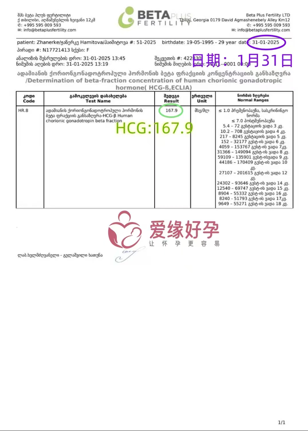 格鲁吉亚试管婴儿助孕庆祝爱心使者血值正常