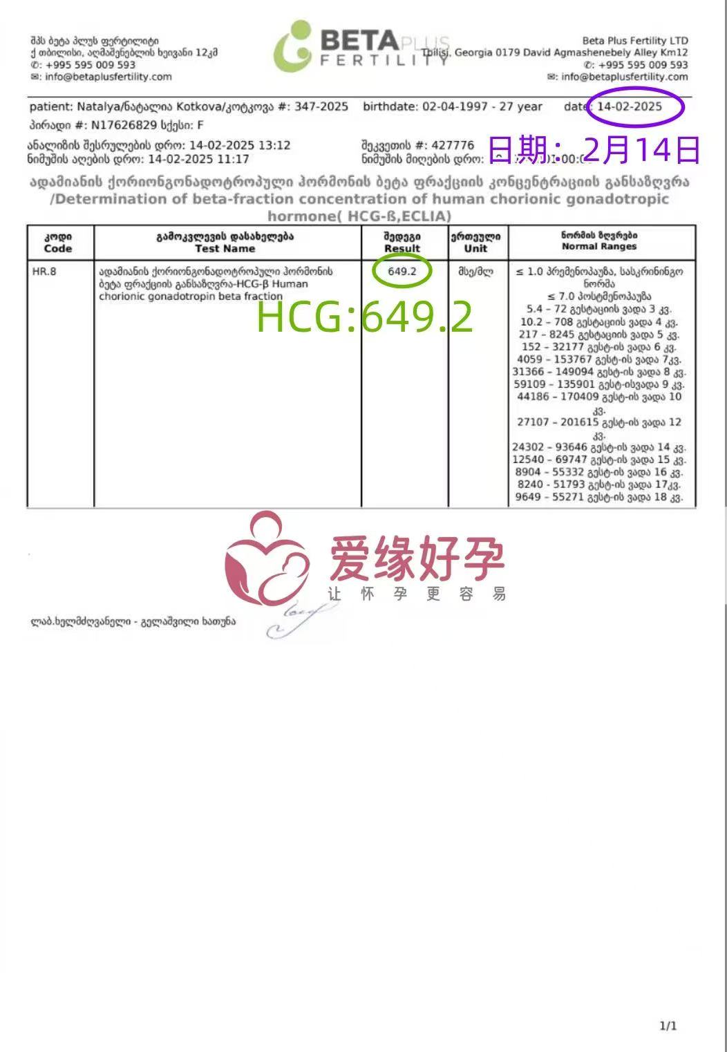 格鲁吉亚试管婴儿助孕爱心使者胚胎成功发芽